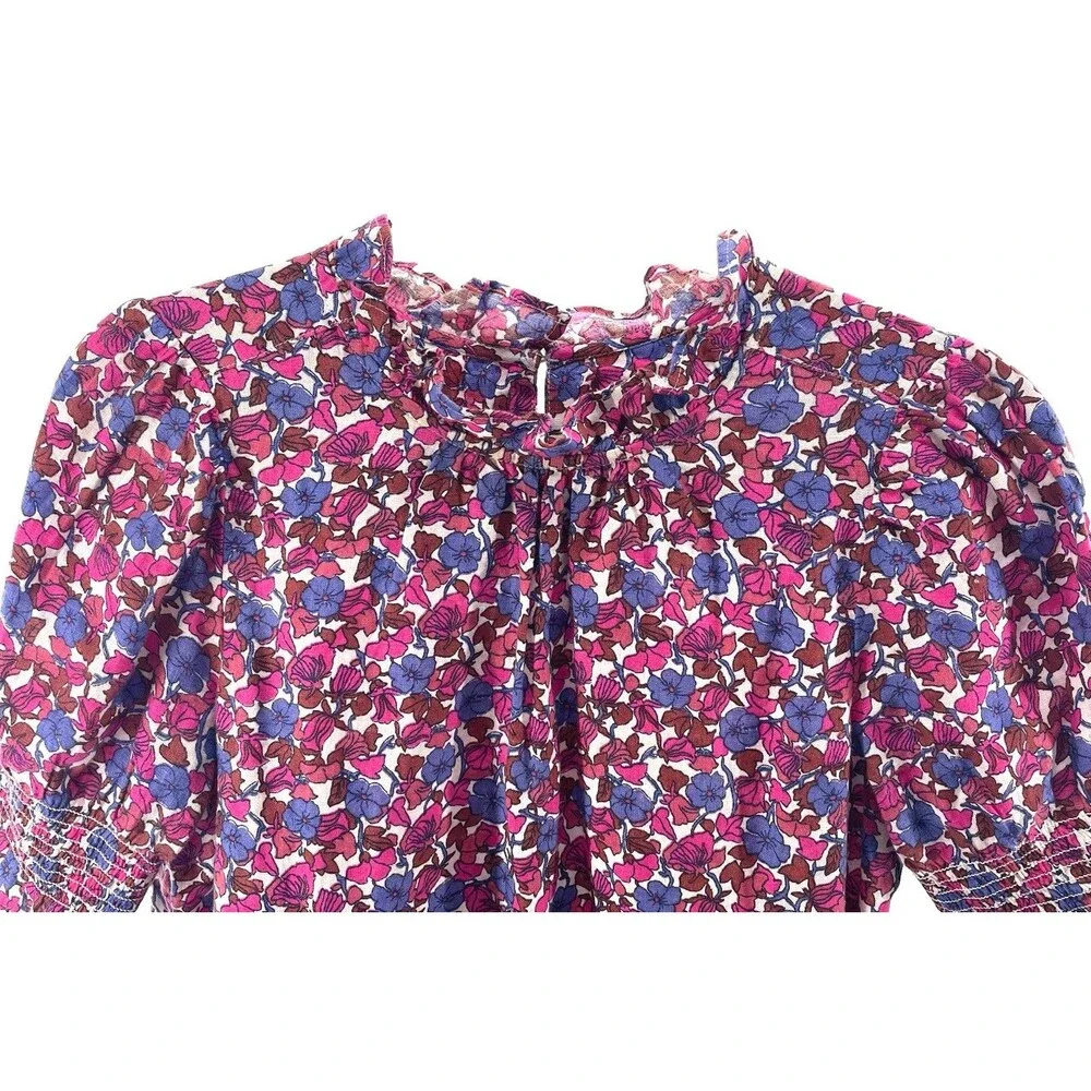 J.Crew 100% Linen Floral Smocked Sleeve Blouse XXS Pink Blue Ruffle Neck Cottage